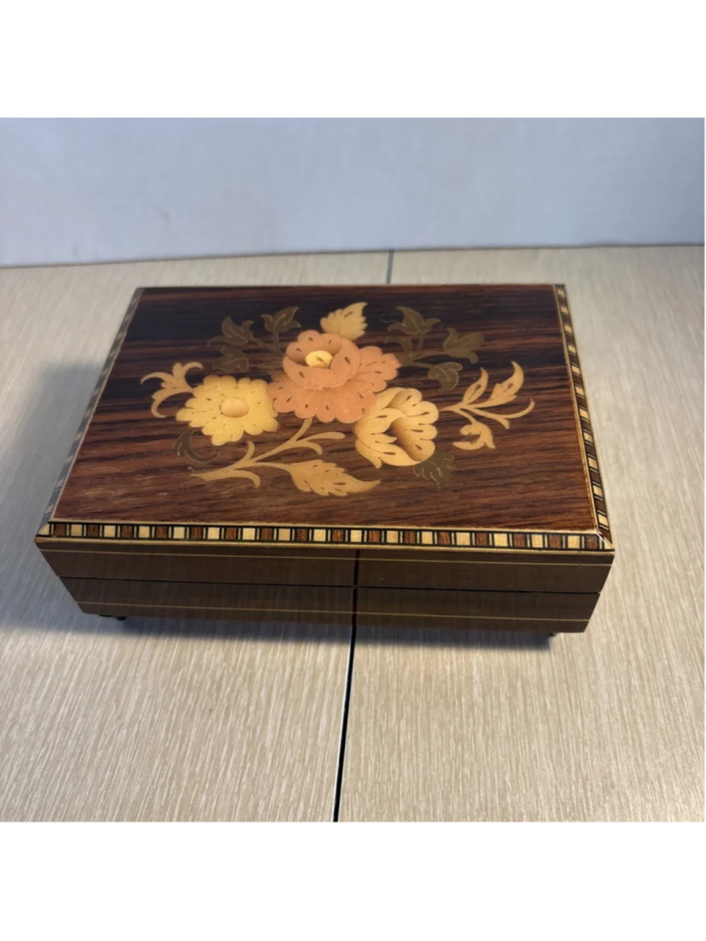 Vtg Italian Sorrento Inlaid Wood Music Box Floral Marquetry Jewelry Trinket 1054